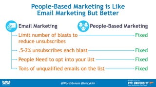 People-Based Marketing is Like
Email Marketing But Better
Email Marketing
Limit number of blasts to
reduce unsubscribes
.5-2% unsubscribes each blast
People Need to opt into your list
Tons of unqualified emails on the list
People-Based Marketing
Fixed
Fixed
Fixed
Fixed
@Wordstream @larrykim
Brought to you by:
www.wordstream.com/learn
 