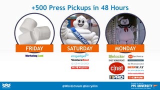 +500 Press Pickups in 48 Hours
SATURDAY MONDAYFRIDAY
@Wordstream @larrykim
Brought to you by:
www.wordstream.com/learn
 