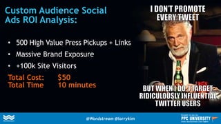 Custom Audience Social
Ads ROI Analysis:
• 500 High Value Press Pickups + Links
• Massive Brand Exposure
• +100k Site Visitors
Total Cost: $50
Total Time 10 minutes
@Wordstream @larrykim
Brought to you by:
www.wordstream.com/learn
 