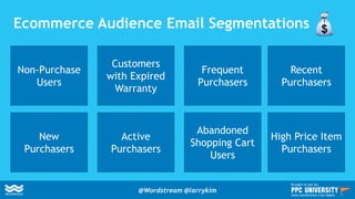 New
Purchasers
Non-Purchase
Users
Active
Purchasers
Customers
with Expired
Warranty
Abandoned
Shopping Cart
Users
Frequent
Purchasers
High Price Item
Purchasers
Recent
Purchasers
Ecommerce Audience Email Segmentations
@Wordstream @larrykim
Brought to you by:
www.wordstream.com/learn
 
