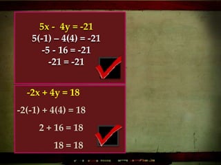 5x - 4y = -21
5(-1) – 4(4) = -21
-5 - 16 = -21
-21 = -21
-2x + 4y = 18
-2(-1) + 4(4) = 18
2 + 16 = 18
18 = 18
 