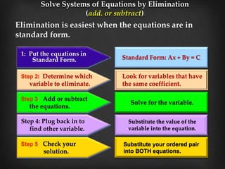 2x + 7y = 31
5x - 7y = - 45
7x + 0 = -14 x = -2
THEN----
Like variables must be lined under each other.
Solve Systems of E...