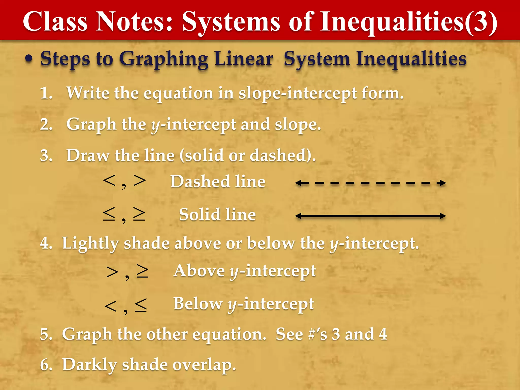 Class Notes: Systems of Inequalities(3)
1. Write the equation in slope-intercept form.
2. Graph the y-intercept and slope.
3. Draw the line (solid or dashed).
 , Dashed line
 , Solid line
• Steps to Graphing Linear System Inequalities
,  Above y-intercept
,  Below y-intercept
4. Lightly shade above or below the y-intercept.
5. Graph the other equation. See #’s 3 and 4
6. Darkly shade overlap.
 