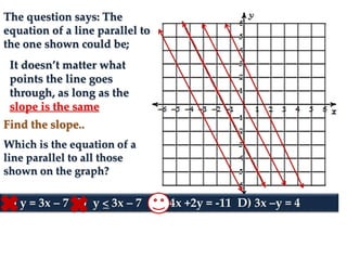 The question says: The
equation of a line parallel to
the one shown could be;
It doesn’t matter what
points the line goes
through, as long as the
slope is the same
Find the slope..
A) y = 3x – 7 B) y < 3x – 7 C) 4x +2y = -11 D) 3x –y = 4
Which is the equation of a
line parallel to all those
shown on the graph?
 