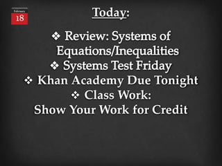 Today:
 Khan Academy Due Tonight
 Class Work:
Show Your Work for Credit
 