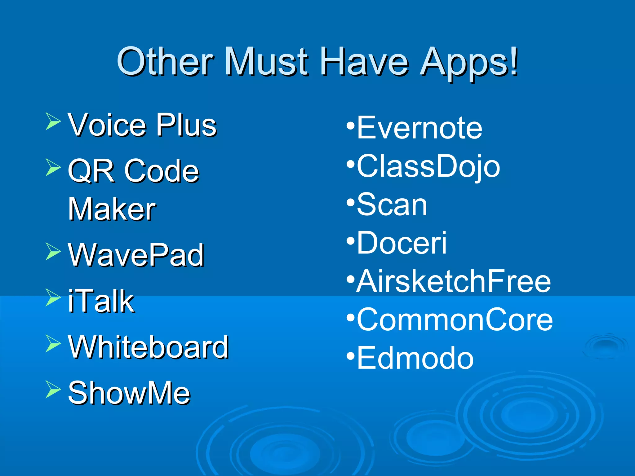 Other Must Have Apps!
 Voice Plus   •Evernote
 QR Code      •ClassDojo
  Maker        •Scan
 WavePad      •Doceri
               •AirsketchFree
 iTalk
               •CommonCore
 Whiteboard
               •Edmodo
 ShowMe
 