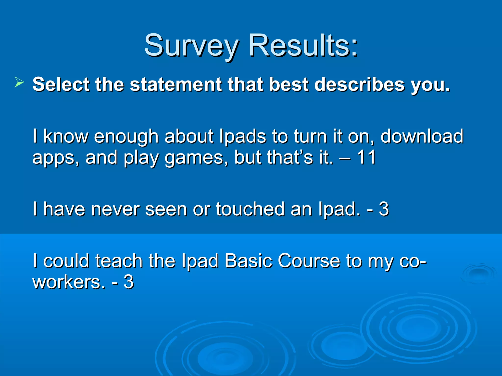 Survey Results:
   Select the statement that best describes you.

    I know enough about Ipads to turn it on, download
    apps, and play games, but that’s it. – 11

    I have never seen or touched an Ipad. - 3

    I could teach the Ipad Basic Course to my co-
    workers. - 3
 