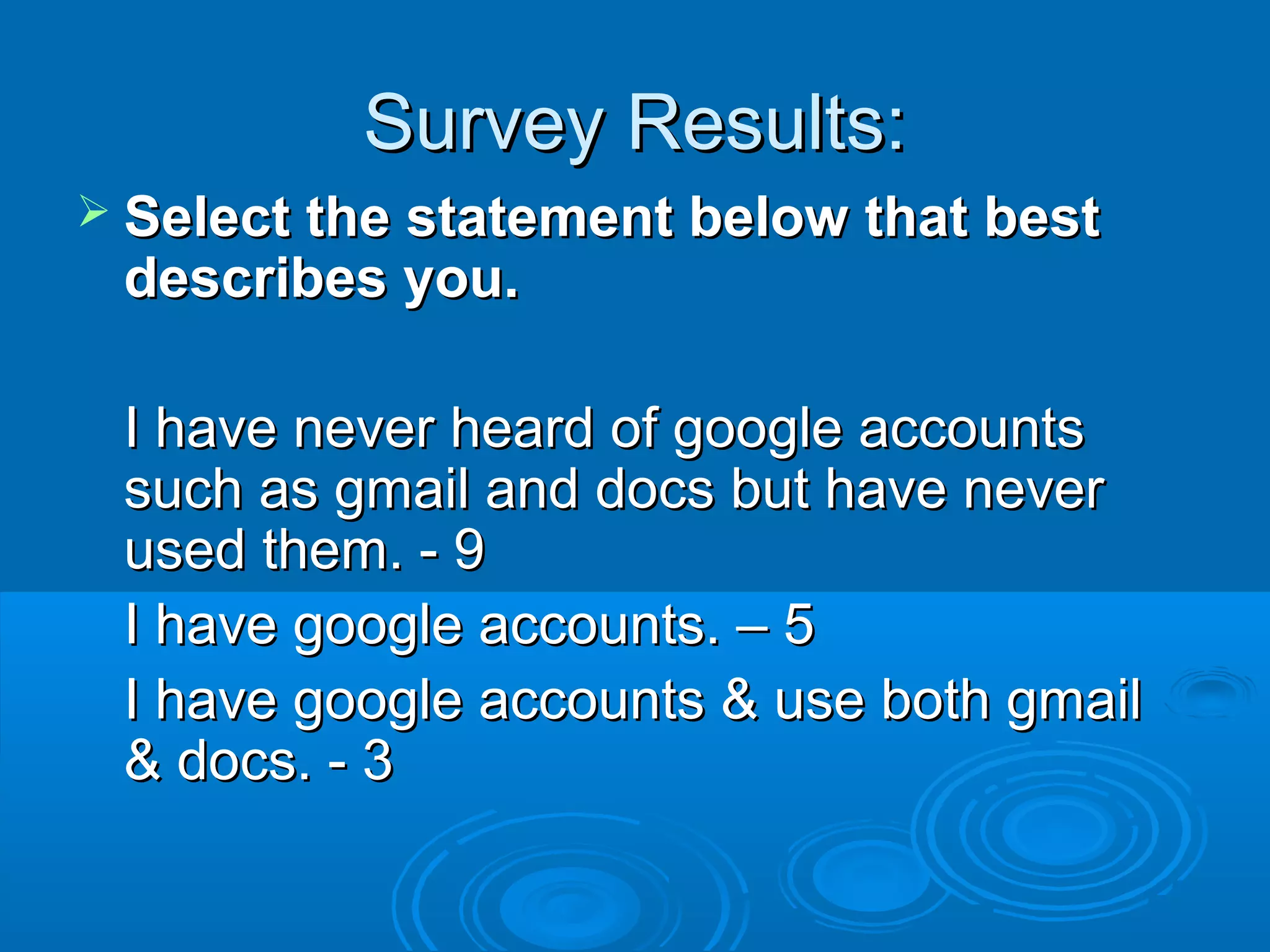 Survey Results:
 Select the statement below   that best
 describes you.

 I have never heard of google accounts
 such as gmail and docs but have never
 used them. - 9
 I have google accounts. – 5
 I have google accounts & use both gmail
 & docs. - 3
 