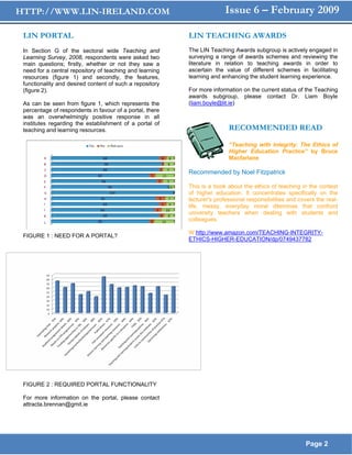 HTTP://WWW.LIN-IRELAND.COM                                              Issue 6 – February 2009

 LIN PORTAL                                               LIN TEACHING AWARDS
 In Section G of the sectoral wide Teaching and           The LIN Teaching Awards subgroup is actively engaged in
 Learning Survey, 2008, respondents were asked two        surveying a range of awards schemes and reviewing the
 main questions; firstly, whether or not they saw a       literature in relation to teaching awards in order to
 need for a central repository of teaching and learning   ascertain the value of different schemes in facilitating
 resources (figure 1) and secondly, the features,         learning and enhancing the student learning experience.
 functionality and desired content of such a repository
 (figure 2).                                              For more information on the current status of the Teaching
                                                          awards subgroup, please contact Dr. Liam Boyle
 As can be seen from figure 1, which represents the       (liam.boyle@lit.ie)
 percentage of respondents in favour of a portal, there
 was an overwhelmingly positive response in all
 institutes regarding the establishment of a portal of
 teaching and learning resources.                                         RECOMMENDED READ

                                                                          “Teaching with Integrity: The Ethics of
                                                                          Higher Education Practice” by Bruce
                                                                          Macfarlane

                                                          Recommended by Noel Fitzpatrick

                                                          This is a book about the ethics of teaching in the context
                                                          of higher education. It concentrates specifically on the
                                                          lecturer's professional responsibilities and covers the real-
                                                          life, messy, everyday moral dilemmas that confront
                                                          university teachers when dealing with students and
                                                          colleagues.

                                                          W:http://www.amazon.com/TEACHING-INTEGRITY-
 FIGURE 1 : NEED FOR A PORTAL?
                                                          ETHICS-HIGHER-EDUCATION/dp/0749437782




 FIGURE 2 : REQUIRED PORTAL FUNCTIONALITY

 For more information on the portal, please contact
 attracta.brennan@gmit.ie




                                                                                                         Page 2
 