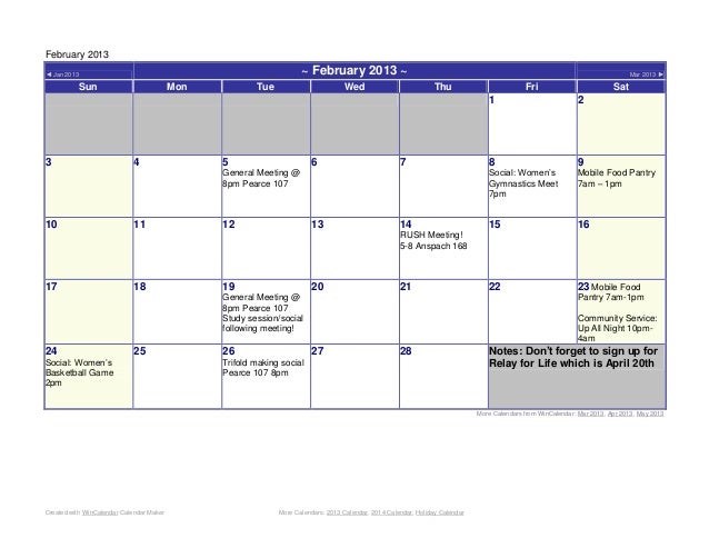 February 2013 calendar
