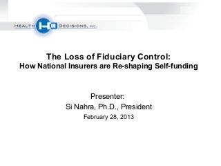 The Loss of Fiduciary Control:
How National Insurers are Re-shaping Self-funding



                   Presenter:
            Si Nahra, Ph.D., President
                 February 28, 2013
 