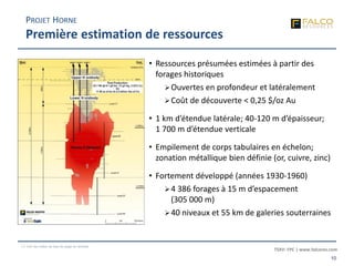 TSXV: FPC | www.falcores.com
10
(1) Voir les notes de bas de page en annexe
PROJET HORNE
Première estimation de ressources
• Ressources présumées estimées à partir des
forages historiques
Ouvertes en profondeur et latéralement
Coût de découverte < 0,25 $/oz Au
• 1 km d’étendue latérale; 40-120 m d’épaisseur;
1 700 m d’étendue verticale
• Empilement de corps tabulaires en échelon;
zonation métallique bien définie (or, cuivre, zinc)
• Fortement développé (années 1930-1960)
4 386 forages à 15 m d’espacement
(305 000 m)
40 niveaux et 55 km de galeries souterraines
 