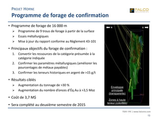 TSXV: FPC | www.falcores.com
13
PROJET HORNE
Programme de forage de confirmation
• Programme de forage de 16 000 m
 Programme de 9 trous de forage à partir de la surface
 Essais métallurgiques
 Mise à jour du rapport conforme au Règlement 43-101
• Principaux objectifs du forage de confirmation :
1. Convertir les ressources de la catégorie présumée à la
catégorie indiquée
2. Confirmer les paramètres métallurgiques (améliorer les
pourcentages de métaux payables)
3. Confirmer les teneurs historiques en argent de >15 g/t
• Résultats ciblés
 Augmentation du tonnage de >30 %
 Augmentation du nombre d’onces d’Éq.Au à >3,5 Moz
• Coût de 3,7 M$
• Sera complété au deuxième semestre de 2015
Enveloppe
principale
(transparente)
Zones à haute
teneur (colorées)
N S
 