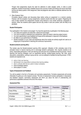 English 1 (ENGL 0105 / ELG 30505) August, 2014 5 | P a g e
Though most assignments require the need for reference to other peoples’ works, in order to avoid
plagiarism, students should keep a detailed record of the sources of ideas and findings and ensure that these
sources are clearly quoted in their assignment. Note that plagiarism also refers to materials obtained from the
Internet too.
2. Other Students’ Work
Circulating relevant articles and discussing ideas before writing an assignment is a common practice.
However, with the exception of group assignments, students should write their own papers. Plagiarising the
work of other students into assignments includes using identical or very similar sentences, paragraphs or
sections. When two students submit papers that are very similar in tone and content, both are likely to be
penalised.
Student Participation
Your participation in the module is encouraged. You have the opportunity to participate in the following ways:
 Your ideas and questions are welcomed, valued and encouraged.
 Your input is sought to understand your perspectives, ideas and needs in planning subject revision.
 You have opportunities to give feedback and issues will be addressed in response to that feedback.
 Do reflect on your performance in Portfolios.
 Student evaluation on your views and experiences about the module are actively sought and used as an
integral part of improvement in teaching and continuous improvement.
Student-centered Learning (SCL)
The module uses the Student-centered Learning (SCL) approach. Utilization of SCL embodies most of the
principles known to improve learning and to encourage student’s participation. SCL requires students to be
active, responsible participants in their own learning and instructors are to facilitate the learning process. Various
teaching and learning strategies such as experiential learning, problem-based learning, site visits, group
discussions, presentations, working in group and etc. can be employed to facilitate the learning process. In SCL,
students are expected to be:
 active in their own learning;
 self-directed to be responsible to enhance their learning abilities;
 able to cultivate skills that are useful in today’s workplace;
 active knowledge seekers;
 active players in a team.
Types of Assessment and Feedback
You will be graded in the form of formative and summative assessments. Formative assessments will provide
information to guide you in the research process. This form of assessment involves participation in discussions
and feedback sessions. Summative assessment will inform you about the level of understanding and
performance capabilities achieved at the end of the module.
Assessment Plan
Assessment Components Type
Learning
Outcome/s
Submission Presentation
Assessment
Weightage
Essay Writing Individual 1,2,3 Weekly 9 - 25%
Oral presentation Group 5,6,7 Week 13 - 25%
E-Portfolio Individual All Study Leave 10%
Final Exam Individual 1,2,4 40%
 