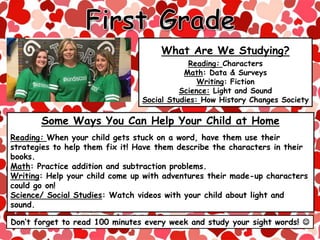 What Are We Studying?
Reading: Characters
Math: Data & Surveys
Writing: Fiction
Science: Light and Sound
Social Studies: How History Changes Society
Don’t forget to read 100 minutes every week and study your sight words! 
Some Ways You Can Help Your Child at Home
Reading: When your child gets stuck on a word, have them use their
strategies to help them fix it! Have them describe the characters in their
books.
Math: Practice addition and subtraction problems.
Writing: Help your child come up with adventures their made-up characters
could go on!
Science/ Social Studies: Watch videos with your child about light and
sound.
 