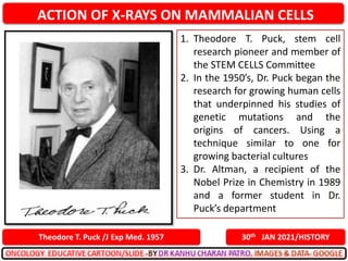 ACTION OF X-RAYS ON MAMMALIAN CELLS
30th JAN 2021/HISTORY
Theodore T. Puck /J Exp Med. 1957
1. Theodore T. Puck, stem cell
research pioneer and member of
the STEM CELLS Committee
2. In the 1950’s, Dr. Puck began the
research for growing human cells
that underpinned his studies of
genetic mutations and the
origins of cancers. Using a
technique similar to one for
growing bacterial cultures
3. Dr. Altman, a recipient of the
Nobel Prize in Chemistry in 1989
and a former student in Dr.
Puck’s department
 
