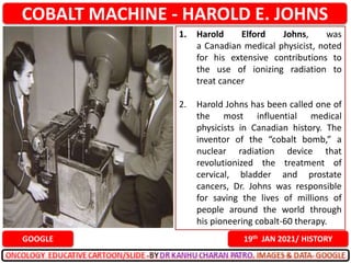 COBALT MACHINE - HAROLD E. JOHNS
19th JAN 2021/ HISTORY
GOOGLE
1. Harold Elford Johns, was
a Canadian medical physicist, noted
for his extensive contributions to
the use of ionizing radiation to
treat cancer
2. Harold Johns has been called one of
the most influential medical
physicists in Canadian history. The
inventor of the “cobalt bomb,” a
nuclear radiation device that
revolutionized the treatment of
cervical, bladder and prostate
cancers, Dr. Johns was responsible
for saving the lives of millions of
people around the world through
his pioneering cobalt-60 therapy.
 