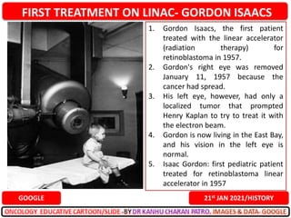 FIRST TREATMENT ON LINAC- GORDON ISAACS
21st JAN 2021/HISTORY
GOOGLE
1. Gordon Isaacs, the first patient
treated with the linear accelerator
(radiation therapy) for
retinoblastoma in 1957.
2. Gordon's right eye was removed
January 11, 1957 because the
cancer had spread.
3. His left eye, however, had only a
localized tumor that prompted
Henry Kaplan to try to treat it with
the electron beam.
4. Gordon is now living in the East Bay,
and his vision in the left eye is
normal.
5. Isaac Gordon: first pediatric patient
treated for retinoblastoma linear
accelerator in 1957
 