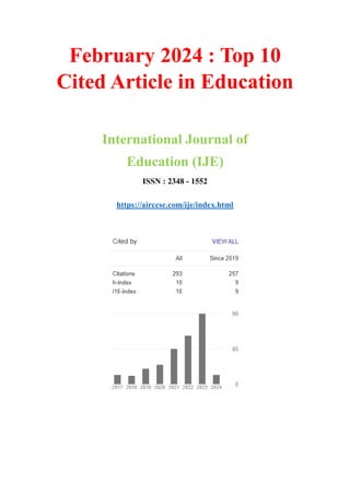 February 2024 : Top 10
Cited Article in Education
International Journal of
Education (IJE)
ISSN : 2348 - 1552
https://airccse.com/ije/index.html
 