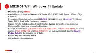 Copyright © 2025 Ivanti. All rights reserved. 23
MS25-02-W11: Windows 11 Update
▪ Maximum Severity: Critical
▪ Affected Products: Microsoft Windows 11 Version 22H2, 23H2, 24H2, Server 2025 and Edge
Chromium
▪ Description: This bulletin references KB 5051989 (22H2/23H2), and KB 5051987 (24H2 and
Server 2025). See KBs for details of all changes.
▪ Impact: Remote Code Execution, Security Feature Bypass, Denial of Service, Spoofing,
Elevation of Privilege, and Information Disclosure
▪ Fixes 37 Vulnerabilities: CVE-2023-24932, CVE-2025-21391, and CVE-2025-21418 are known
exploited. CVE-2023-24932 and CVE-2025-21377 are publicly disclosed. See the Security
Update Guide for the complete list of CVEs.
▪ Restart Required: Requires restart
▪ Known Issues: See next slides
1
 