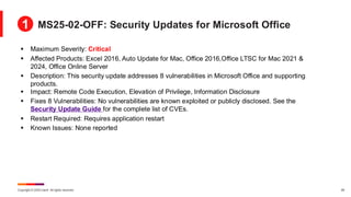 Copyright © 2025 Ivanti. All rights reserved. 29
▪ Maximum Severity: Critical
▪ Affected Products: Excel 2016, Auto Update for Mac, Office 2016,Office LTSC for Mac 2021 &
2024, Office Online Server
▪ Description: This security update addresses 8 vulnerabilities in Microsoft Office and supporting
products.
▪ Impact: Remote Code Execution, Elevation of Privilege, Information Disclosure
▪ Fixes 8 Vulnerabilities: No vulnerabilities are known exploited or publicly disclosed. See the
Security Update Guide for the complete list of CVEs.
▪ Restart Required: Requires application restart
▪ Known Issues: None reported
MS25-02-OFF: Security Updates for Microsoft Office
1
 