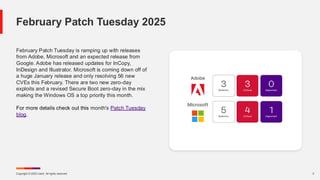 Copyright © 2025 Ivanti. All rights reserved. 3
February Patch Tuesday is ramping up with releases
from Adobe, Microsoft and an expected release from
Google. Adobe has released updates for InCopy,
InDesign and Illustrator. Microsoft is coming down off of
a huge January release and only resolving 56 new
CVEs this February. There are two new zero-day
exploits and a revised Secure Boot zero-day in the mix
making the Windows OS a top priority this month.
For more details check out this month's Patch Tuesday
blog.
February Patch Tuesday 2025
 