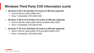 Copyright © 2025 Ivanti. All rights reserved. 40
Windows Third Party CVE Information (cont)
▪ Azul Zulu 21.40.17 (21.0.6) Note: FX version of JDK also supported
▪ ZULU21-250122, QZULUJDK214017
▪ Fixes 1 Vulnerability: CVE-2025-21502
▪ Azul Zulu 17.56.15 (17.0.14) Note: FX version of JDK also supported
▪ ZULU17-250122, QZULUJDK175615 and QZULUJRE175615
▪ Fixes 1 Vulnerability: CVE-2025-21502
▪ Azul Zulu 11.78.15 (11.0.26) Note: FX version of JDK also supported
▪ ZULU11-250122, QZULUJDK117815 and QZULUJRE117815
▪ Fixes 1 Vulnerability: CVE-2025-21502
 