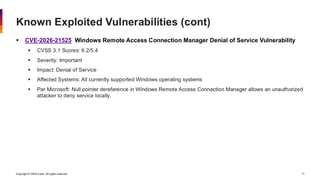 Copyright © 2026 Ivanti. All rights reserved. 11
▪ CVE-2026-21525 Windows Remote Access Connection Manager Denial of Service Vulnerability
▪ CVSS 3.1 Scores: 6.2/5.4
▪ Severity: Important
▪ Impact: Denial of Service
▪ Affected Systems: All currently supported Windows operating systems
▪ Per Microsoft: Null pointer dereference in Windows Remote Access Connection Manager allows an unauthorized
attacker to deny service locally.
Known Exploited Vulnerabilities (cont)
 