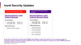 Copyright © 2026 Ivanti. All rights reserved. 16
Ivanti Endpoint Manager (EPM)
Ivanti Endpoint Manager Mobile
(EPMM)
Security Advisory: Ivanti
Endpoint Manager
Security Advisory: Ivanti
Endpoint Manager
Security Advisory: Ivanti
Endpoint Manager Mobile
Ivanti Security Updates
At the time of disclosure of the Ivanti EPMM vulnerabilities, Ivanti was aware of a very limited number of
customers whose solution had been exploited. Ivanti urges all customers using the on-prem EPMM product to
promptly install the security update.
Vulnerabilities:
• CVE-2026-1602 CVSS: 6.5
• CVE-2026-1603 CVSS: 8.6
Affected Versions:
• 2024 SU4 SR1 and prior
Vulnerabilities:
• 13 Reported CVSS: 8.8 – 6.5
Affected Versions:
• 2024 SU3 SR1 and prior
• 2022 SU8 SR2 and prior
Vulnerabilities:
• CVE-2026-1281 CVSS: 9.8
• CVE-2026-1340 CVSS: 9.8
Affected Versions:
• 12.5.0.0 and prior
• 12.6.0.0 and prior
• 12.7.0.0 and prior
• 12.5.1.0 and prior
• 12.6.1.0 and prior
Ivanti Endpoint Manager (EPM)
 
