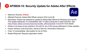 Copyright © 2026 Ivanti. All rights reserved. 24
APSB26-15: Security Update for Adobe After Effects
▪ Maximum Severity: Critical
▪ Affected Products: Adobe After Effects versions 25.6.4 and 26
▪ Description: Adobe has released an update for Adobe After Effects for Windows and macOS.
This update addresses 15 vulnerabilities with 13 rated Critical and 2 rated Important. See
https://helpx.adobe.com/security/products/after_effects/apsb26-15.html for more details.
▪ Adobe is not aware of any exploits in the wild for any of the issues addressed in these updates.
▪ Impact: Arbitrary Code Execution, Denial of Service, Information Disclosure
▪ Fixes 15 Vulnerabilities: See bulletin for list of CVEs.
▪ Restart Required: Requires application restart
 