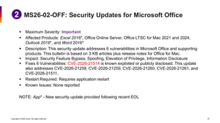 Copyright © 2026 Ivanti. All rights reserved. 32
MS26-02-OFF: Security Updates for Microsoft Office
▪ Maximum Severity: Important
▪ Affected Products: Excel 2016*, Office Online Server, Office LTSC for Mac 2021 and 2024,
Outlook 2016*, and Word 2016*
▪ Description: This security update addresses 6 vulnerabilities in Microsoft Office and supporting
products. This bulletin is based on 3 KB articles plus release notes for Office for Mac.
▪ Impact: Security Feature Bypass, Spoofing, Elevation of Privilege, Information Disclosure
▪ Fixes 6 Vulnerabilities: CVE-2026-21514 is known exploited or publicly disclosed. This update
also addresses CVE-2026-21258, CVE-2026-21259, CVE-2026-21260, CVE-2026-21261, and
CVE-2026-21511.
▪ Restart Required: Requires application restart
▪ Known Issues: None reported
NOTE: App* - New security update provided following recent EOL
 