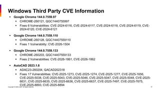 Copyright © 2026 Ivanti. All rights reserved. 37
Windows Third Party CVE Information
▪ Google Chrome 144.0.7559.97
▪ CHROME-260121, QGC1440755997
▪ Fixes 6 Vulnerabilities: CVE-2024-6116, CVE-2024-6117, CVE-2024-6118, CVE-2024-6119, CVE-
2024-6120, CVE-2024-6121
▪ Google Chrome 144.0.7559.110
▪ CHROME-260128, QGC14407559110
▪ Fixes 1 Vulnerability: CVE-2026-1504
▪ Google Chrome 144.0.7559.133
▪ CHROME-260203, QGC14407559133
▪ Fixes 2 Vulnerabilities: CVE-2026-1861, CVE-2026-1862
▪ AutoCAD 2023.1.8
▪ ADAC23-260204, QACAD202318
▪ Fixes 17 Vulnerabilities: CVE-2025-1273, CVE-2025-1274, CVE-2025-1277, CVE-2025-1656,
CVE-2025-5038, CVE-2025-5043, CVE-2025-5046, CVE-2025-5047, CVE-2025-5048, CVE-2025-
6631, CVE-2025-6635, CVE-2025-6636, CVE-2025-6637, CVE-2025-7497, CVE-2025-7675,
CVE-2025-8893, CVE-2025-8894
 