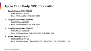 Copyright © 2026 Ivanti. All rights reserved. 43
Apple Third Party CVE Information
▪ Google Chrome 144.0.7559.97
▪ CHROMEMAC-260121
▪ Fixes 1 Vulnerability: CVE-2026-1220
▪ Google Chrome 144.0.7559.110
▪ CHROMEMAC-260127
▪ Fixes 1 Vulnerability: CVE-2026-1504
▪ Google Chrome 144.0.7559.133
▪ CHROMEMAC-260203
▪ Fixes 2 Vulnerabilities: CVE-2026-1861, CVE-2026-1862
▪ Adobe InDesign 2026 (21.2)
▪ IDSN2026MAC-260123
▪ Fixes 3 Vulnerabilities: CVE-2026-21332, CVE-2026-21357, CVE-2026-21358
 