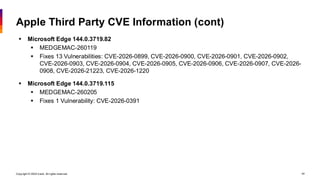 Copyright © 2026 Ivanti. All rights reserved. 44
Apple Third Party CVE Information (cont)
▪ Microsoft Edge 144.0.3719.82
▪ MEDGEMAC-260119
▪ Fixes 13 Vulnerabilities: CVE-2026-0899, CVE-2026-0900, CVE-2026-0901, CVE-2026-0902,
CVE-2026-0903, CVE-2026-0904, CVE-2026-0905, CVE-2026-0906, CVE-2026-0907, CVE-2026-
0908, CVE-2026-21223, CVE-2026-1220
▪ Microsoft Edge 144.0.3719.115
▪ MEDGEMAC-260205
▪ Fixes 1 Vulnerability: CVE-2026-0391
 