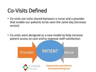 Co-Visits Defined
• Co-visits are visits shared between a nurse and a provider
that enable our patients to be seen the same day (increase
access)
• Co-visits were designed as a new model to help increase
patient access to care and to improve staff satisfaction
Community commitment.
Uncompromising care.
Provider Nurse
 