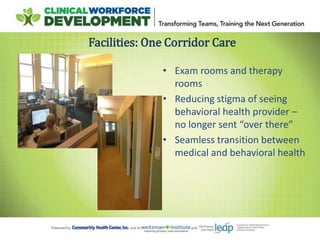 • Exam rooms and therapy
rooms
• Reducing stigma of seeing
behavioral health provider –
no longer sent “over there”
• Seamless transition between
medical and behavioral health
Facilities: One Corridor Care
 