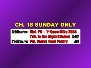 CH. 18 SUNDAY ONLYCH. 18 SUNDAY ONLY
8:008:00AM/PMAM/PM Vint. PV – 1Vint. PV – 1stst
Open Mike 2004Open Mike 2004
Trib. to the Night KitchenTrib. to the Night Kitchen 3:023:02
11:0211:02AM/PMAM/PM Put. Valley Food PantryPut. Valley Food Pantry :04:04
 