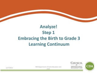Analyze!
Step 1
Embracing the Birth to Grade 3
Learning Continuum
2/27/2015
MA Department of Early Education and
Care
 