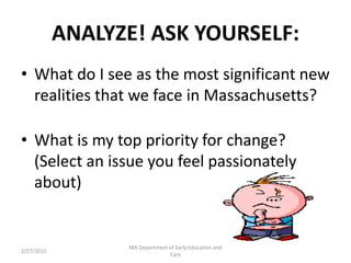 ANALYZE! ASK YOURSELF:
• What do I see as the most significant new
realities that we face in Massachusetts?
• What is my t...