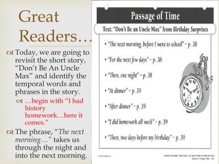  Today, we are going to
revisit the short story,
“Don’t Be An Uncle
Max” and identify the
temporal words and
phrases in the story.
 …begin with “I had
history
homework…here it
comes.”
 The phrase, “The next
morning…” takes us
through the night and
into the next morning.
Great
Readers…
 