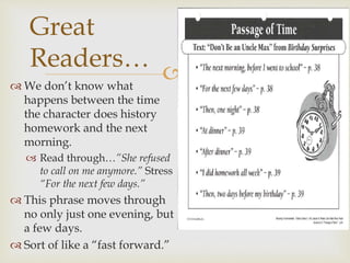  We don’t know what
happens between the time
the character does history
homework and the next
morning.
 Read through…”She refused
to call on me anymore.” Stress
“For the next few days.”
 This phrase moves through
no only just one evening, but
a few days.
 Sort of like a “fast forward.”
Great
Readers…
 