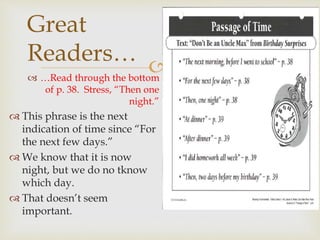  …Read through the bottom
of p. 38. Stress, “Then one
night.”
 This phrase is the next
indication of time since “For
the next few days.”
 We know that it is now
night, but we do no tknow
which day.
 That doesn’t seem
important.
Great
Readers…
 