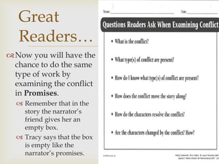 Now you will have the
chance to do the same
type of work by
examining the conflict
in Promises.
 Remember that in the
story the narrator’s
friend gives her an
empty box.
 Tracy says that the box
is empty like the
narrator’s promises.
Great
Readers…
 