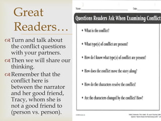 Turn and talk about
the conflict questions
with your partners.
Then we will share our
thinking.
Remember that the
conflict here is
between the narrator
and her good friend,
Tracy, whom she is
not a good friend to
(person vs. person).
Great
Readers…
 