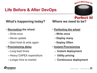 Life Before & After DevOps

What’s happening today?        Where we need to be?

• Recreating the wheel         • Perfecting the wheel
 – Write once                   – Write once
 – Never update                 – Deploy many
 – Start fresh & write again    – Deploy Often
• Provisioning delay           • Instant Provisioning
 – Long lead times              – Instant deployment
 – Heavy CAPEX expenditure      – Utility pricing
 – Longer time to market        – Continuous deployment


                                               RACKSPACE® HOSTING   |   W W W.RACKSPACE.COM
                                                                                              23
 