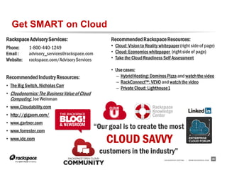 Get SMART on Cloud
Rackspace Advisory Services:                        Recommended Rackspace Resources:
Phone:      1-800-440-1249                          • Cloud: Vision to Reality whitepaper (right side of page)
Email :     advisory_services@rackspace.com         • Cloud: Economics whitepaper (right side of page)
Website:    rackspace.com/Advisory Services         • Take the Cloud Readiness Self Assessment

                                                    • Use cases:
Recommended Industry Resources:                       – Hybrid Hosting: Dominos Pizza and watch the video
                                                      – RackConnect™: VEVO and watch the video
• The Big Switch, Nicholas Carr                       – Private Cloud: Lighthouse1
• Cloudonomics: The Business Value of Cloud
  Computing, Joe Weinman
• www.Cloudability.com                                                     Rackspace
                                                                           Knowledge
• http://gigaom.com/                                                       Center
• www.gartner.com
• www.forrester.com
                                              “Our goal is to create the most
• www.idc.com
                                                  CLOUD SAVVY
                                               customers in the industry”
                                                                                 RACKSPACE® HOSTING   |   W W W.RACKSPACE.COM
                                                                                                                                26
 