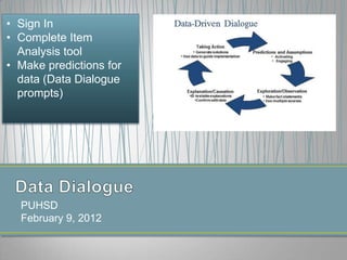 • Sign In
• Complete Item
  Analysis tool
• Make predictions for
  data (Data Dialogue
  prompts)




  PUHSD
  February 9, 2012
 