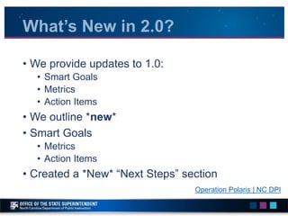 What’s New in 2.0?
• We provide updates to 1.0:
• Smart Goals
• Metrics
• Action Items
• We outline *new*
• Smart Goals
• ...