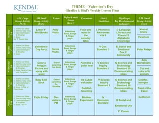THEME – Valentine’s Day
                                                                  Giraffes & Bird’s Weekly Lesson Plans

              A.M. Large             AM Small         Extras     Before Lunch   Extensions       Ohio’s          HighScope        P.M. Small
             Group Activity         Group Activity                   Group                      Guidelines   Key Developmental   Group Activity
                (9:15)                 (9:45)                       (11:15)                                      Indicators         (3:15)
            1. Shake our Sillies
                                     Letter ‘F’      Polly                      Flour and      l. Phonemic    D Language           Musical
Monday




            2. Start our day song                                 Valentines
                                    Mini Books       Visits                      water in       Awareness     Literacy and         Chairs
 2/6




            3. Calendar/helpers                                  Book, Songs
               & Weather                                                           the             4&6          Comm.25
                                                                   & Finger
            4. Book:                                                                                                              Parachute
            My “f” Sound Box                                        plays        sensory                       Alphabetic
                                                                                  table                        knowledge
            1. Shake our Sillies                                  Valentines
                                    Valentine’s                                                  V Gov.       B. Social and
Tuesday




            2. Start our day song                                Book, Songs
                                     Day Party       Donna                                     Standard 3      Emotional         Polar Relays
  2/7




            3. Calendar/helpers                                    & Finger
               & Weather                             Visits         plays                                        Dev.11
            4. Book:
                                                                                                               Community

                                                                                                                                    Artic
            1. Shake our Sillies
Wednesday




                                       Color a        Grand       Valentines    Paint like a   V Science     G Science and       Worksheets
            2. Start our day song                                Book, Songs
                                      Penguin        parenting                  polar bear       Inquiry      Technology
   2/8




            3. Calendar/helpers                                    & Finger
               & Weather                             for Birds
                                     Picture and                    plays                      Standard 1     Standard 50          Cut and
            4. Book: Face to Face
               with Penguins         spray with                                                              Communicating        color artic
                                        water                                                                    ideas             animals
            1. Shake our Sillies                       Grand      Valentines
                                     Baby Seal                                  Ice Cubes       V Science    G Science and        Giraffes
Thursday




            2. Start our day song                                Book, Songs
                                       Sock          parenting                  with water        Inquiry     Technology          Intergen
            3. Calendar/helpers
  2/9




                                                        for        & Finger
               & Weather                                                                        Standard 1    Standard 50
                                                      Giraffes      plays
            4. Book: A Pair of
            Polar Bears                                                         Goldfish                     Communicating       Paint at the
                                                                                Counting                         Ideas              Easel

            1. Shake our Sillies                                  Valentines                                                      Auditorium
            2. Start our day song   Fajita Friday      Dan                       Blubber          IV
                                                                 Book, Songs
                                                     visits in                  Experiment     Economic       B Social and
Friday




            3. Calendar/helpers                                    & Finger
 2/10




               & Weather                                PM                                     Standard
                                                                    plays
            4. Book: “It’s F!”
                                                                                                             Emotional Dev

                                                                                                               11 Comm.
 