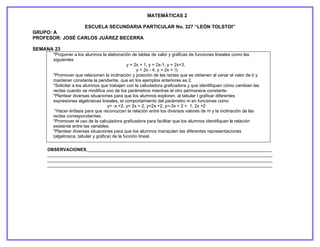 MATEMÁTICAS 2

                      ESCUELA SECUNDARIA PARTICULAR No. 327 “LEÓN TOLSTOI”
GRUPO: A
PROFESOR: JOSÉ CARLOS JUÁREZ BECERRA

SEMANA 23
      *Proponer a los alumnos la elaboración de tablas de valor y gráficas de funciones lineales como las
      siguientes
                                              y = 2x + 1, y = 2x-1, y = 2x+3,
                                                   y = 2x - 4, y = 2x + ½
      *Promover que relacionen la inclinación y posición de las rectas que se obtienen al variar el valor de b y
      mantener constante la pendiente, que en los ejemplos anteriores es 2.
      *Solicitar a los alumnos que trabajen con la calculadora graficadora y que identifiquen cómo cambian las
      rectas cuando se modifica uno de los parámetros mientras el otro permanece constante.
      *Plantear diversas situaciones para que los alumnos exploren, al tabular t graficar diferentes
      expresiones algebraicas lineales, el comportamiento del parámetro m en funciones como
                                   y= -x +2, y= 2x + 2, y=2x +2, y=-3x + 2 = 1, 2x +2
       *Hacer énfasis para que reconozcan la relación entre los diversos valores de m y la inclinación de las
      rectas correspondientes.
      *Promover el uso de la calculadora graficadora para facilitar que los alumnos identifiquen la relación
      existente entre las variables.
      *Plantear diversas situaciones para que los alumnos manipulen las diferentes representaciones
      (algebraica, tabular y gráfica) de la función lineal.


    OBSERVACIONES___________________________________________________________________________
    ___________________________________________________________________________________________
    ___________________________________________________________________________________________
    ___________________________________________________________________________________________
 
